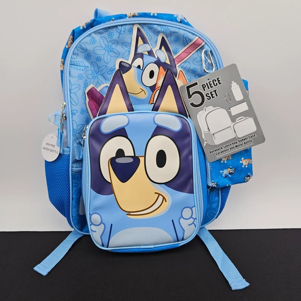 Bluey and Bingo Kids‎ 5 Piece Backpack Set with Lunch Bag Water Bottle Blue New